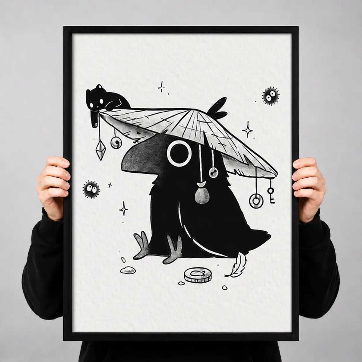 Black Cat Beneath Tiny Umbrella Wall Art 3