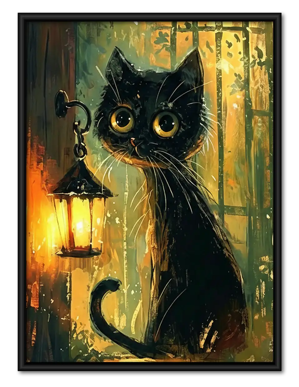 Black Cat beside Glowing Lantern Wall Art 1