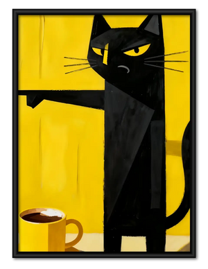 Black Cat beside Morning Coffee Wall Art