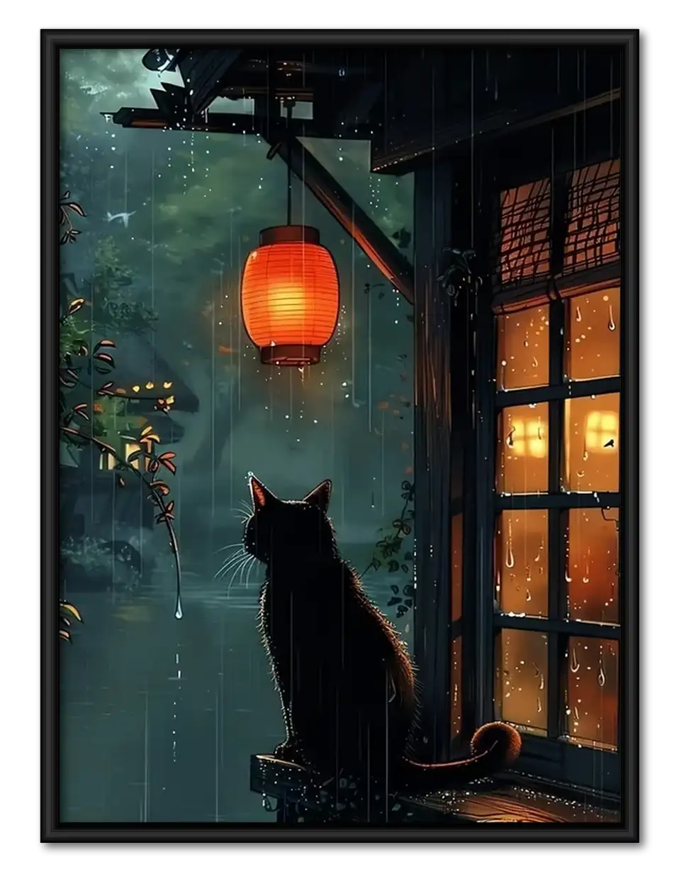 Black Cat by Rainy Lantern Window Wall Art 1