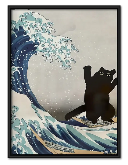 Black Cat Great Wave Wall Art