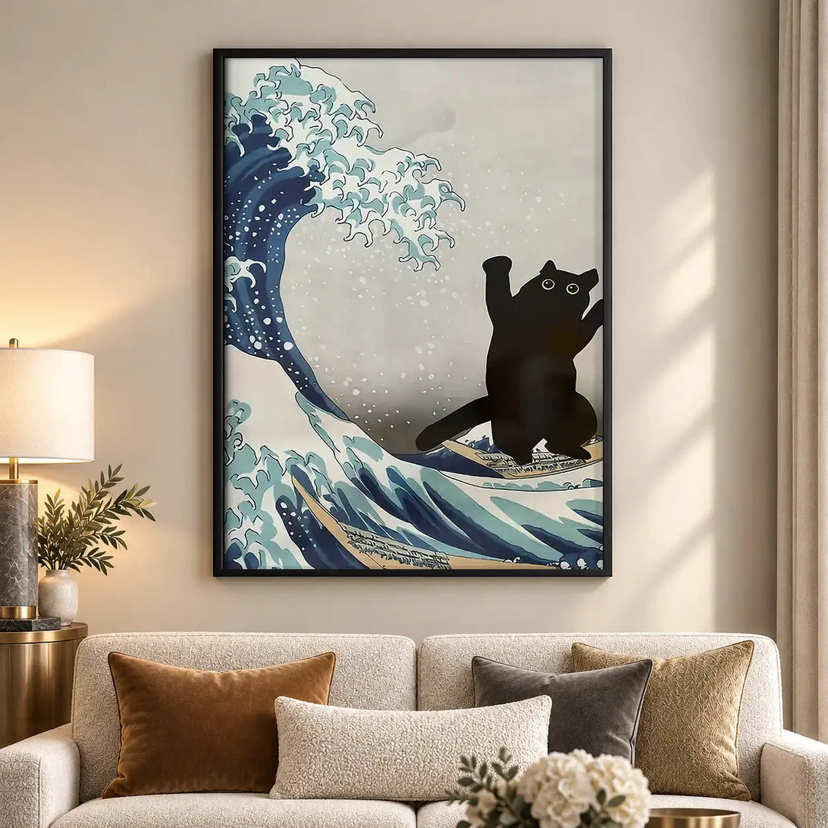 Black Cat Great Wave Wall Art 5
