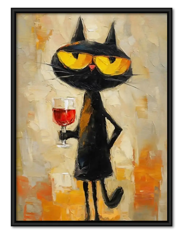 Black Cat Holding Red Wine Wall Art