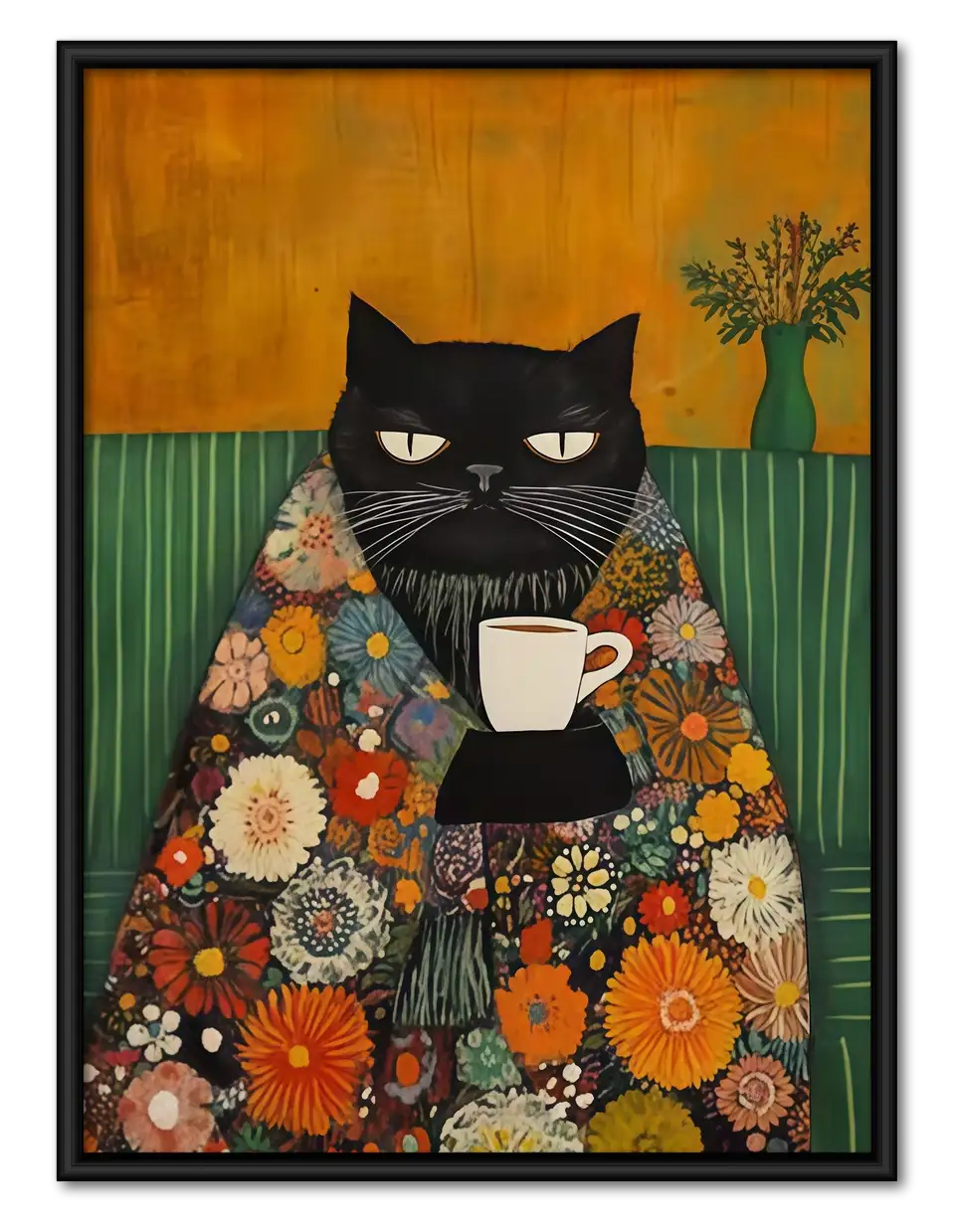 Black Cat in Floral Robe with Coffee Wall Art 1