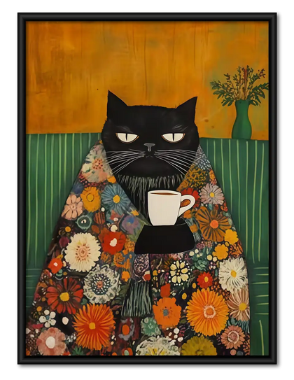 Black Cat in Floral Robe with Coffee Wall Art