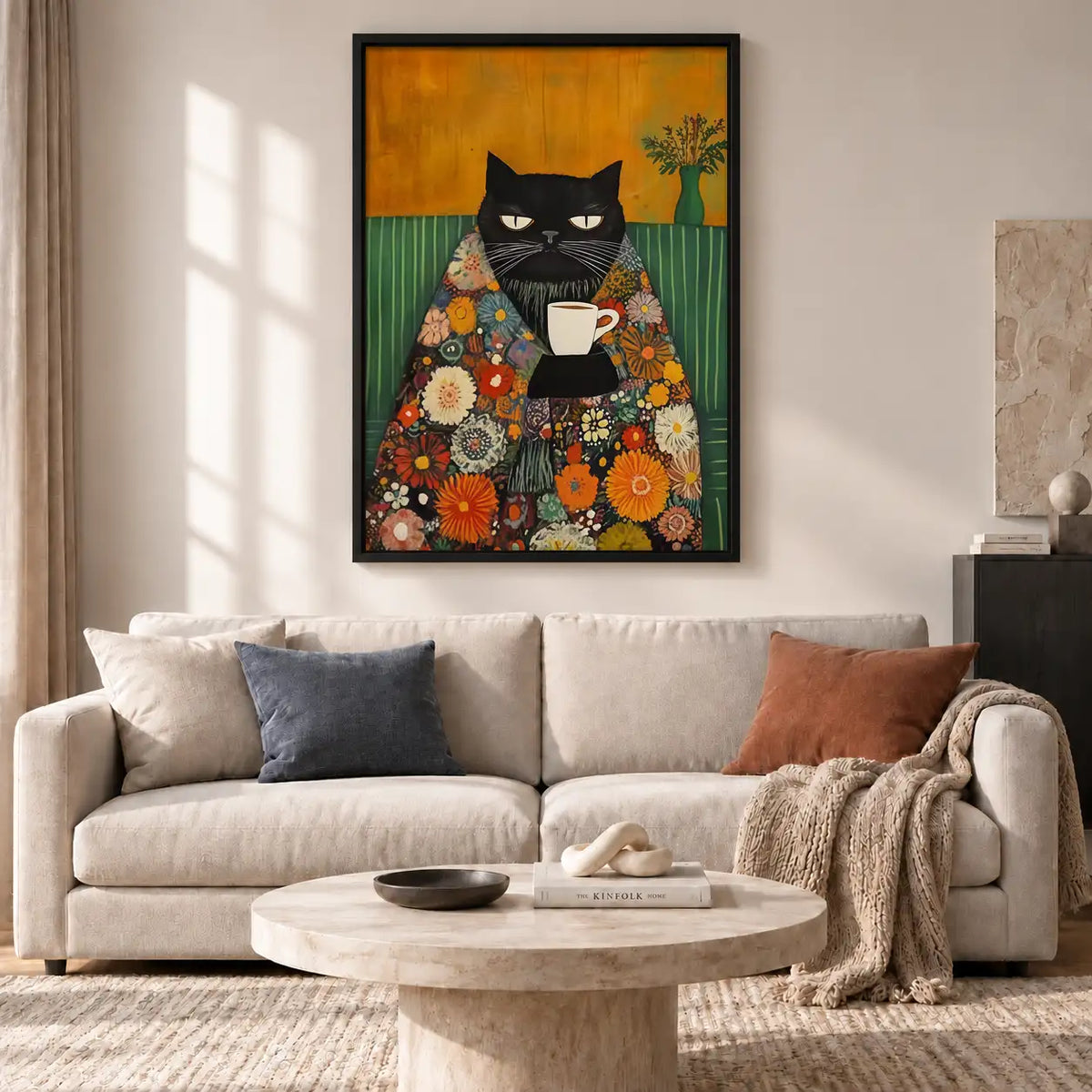 Black Cat in Floral Robe with Coffee Wall Art 2