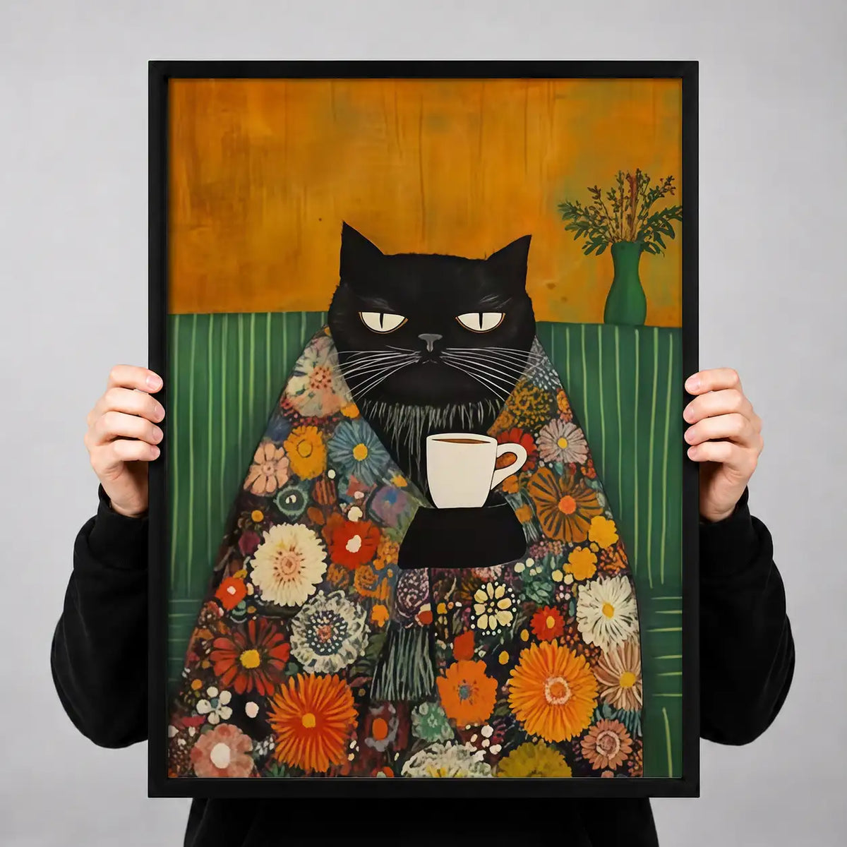 Black Cat in Floral Robe with Coffee Wall Art 3