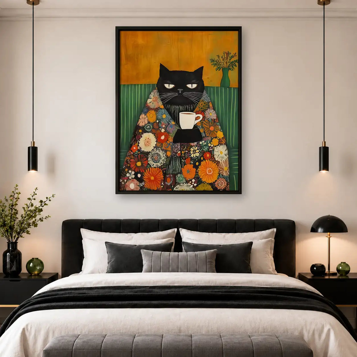 Black Cat in Floral Robe with Coffee Wall Art 4