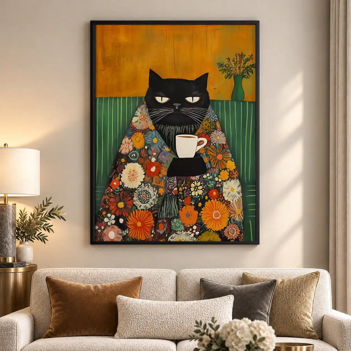 Black Cat in Floral Robe with Coffee Wall Art 5