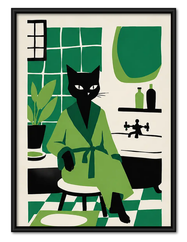 Black Cat in Modern Green Kitchen Wall Art