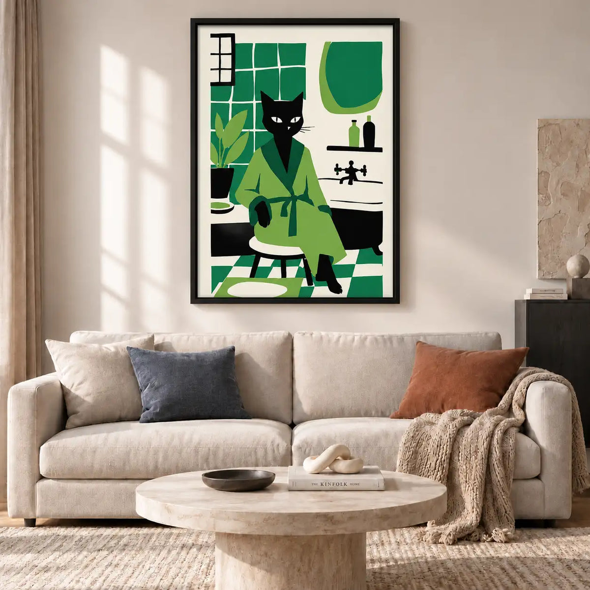 Black Cat in Modern Green Kitchen Wall Art 2