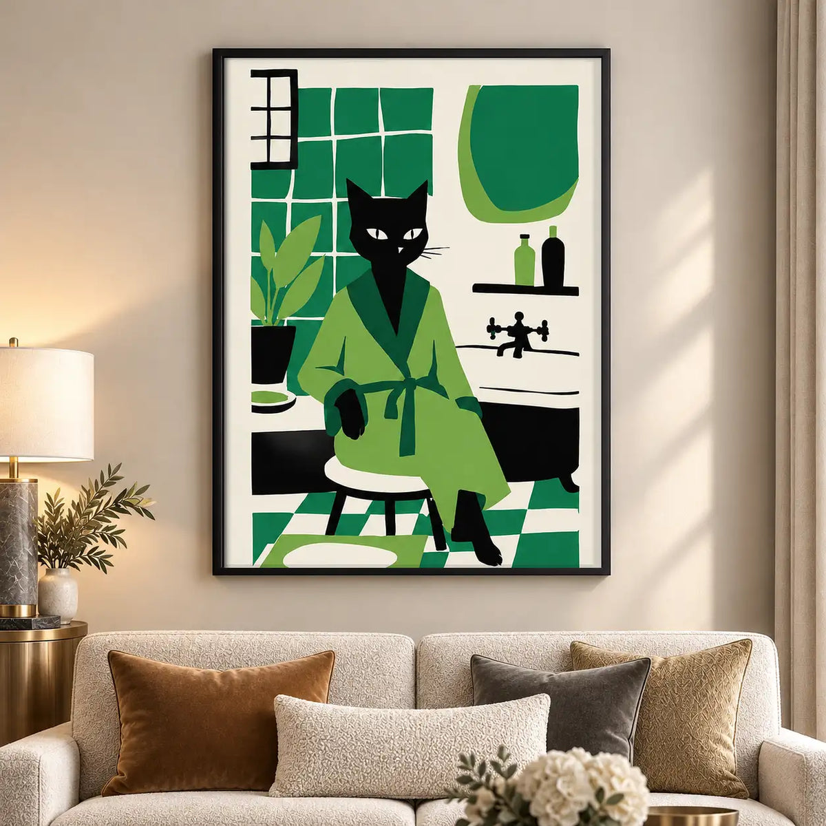Black Cat in Modern Green Kitchen Wall Art 5