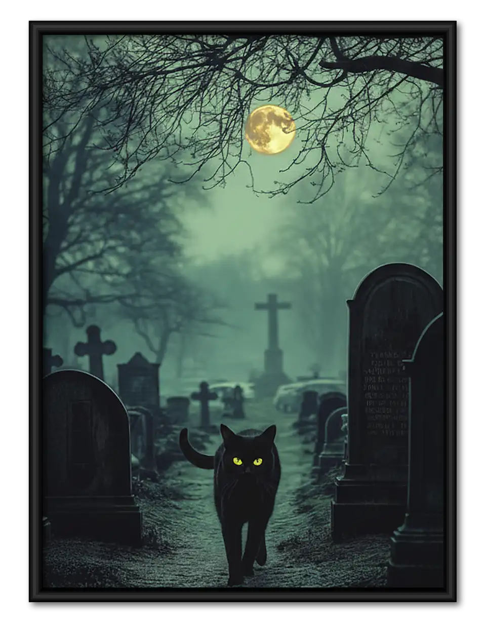 Black Cat in Moonlit Cemetery Wall Art 1