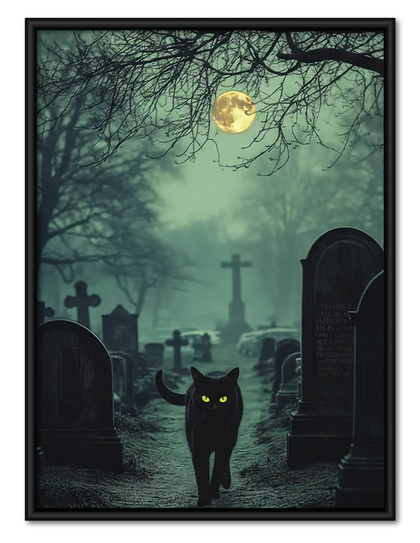 Black Cat in Moonlit Cemetery Wall Art