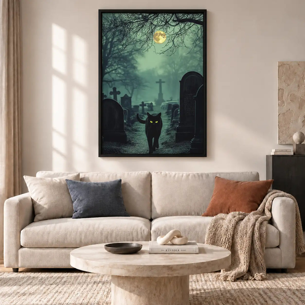 Black Cat in Moonlit Cemetery Wall Art 2