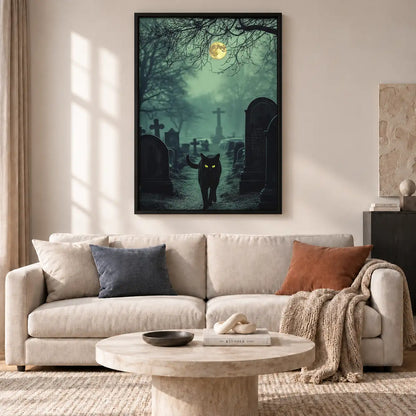 Black Cat in Moonlit Cemetery Wall Art 2