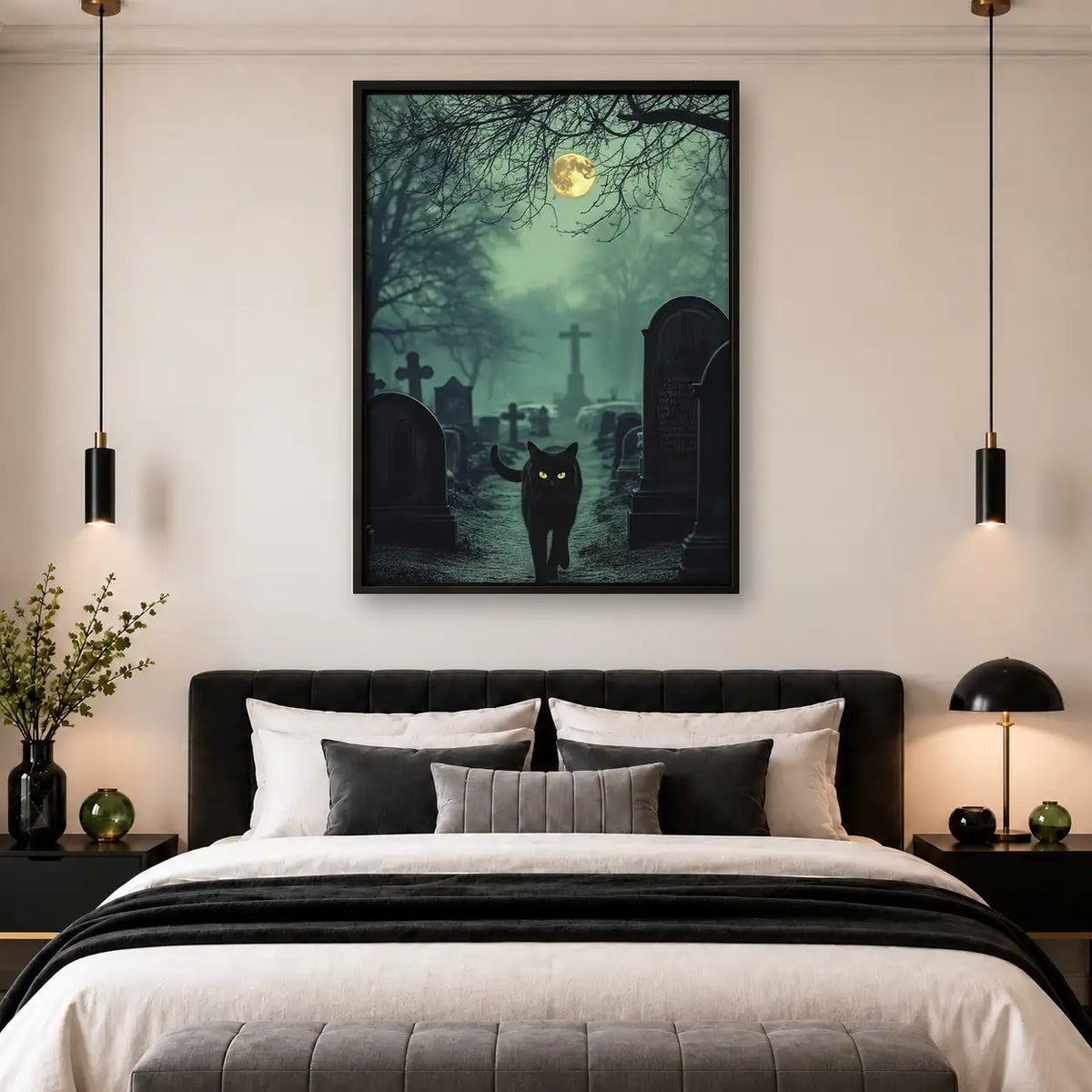 Black Cat in Moonlit Cemetery Wall Art 4