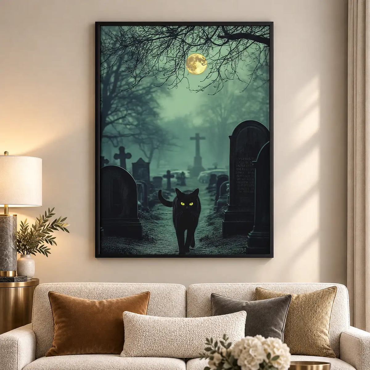 Black Cat in Moonlit Cemetery Wall Art 5