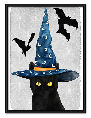Black Cat in Starry Witch Hat Wall Art