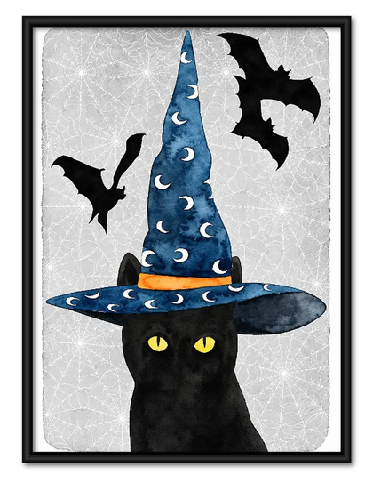 Black Cat in Starry Witch Hat Wall Art