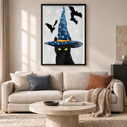 Black Cat in Starry Witch Hat Wall Art 2