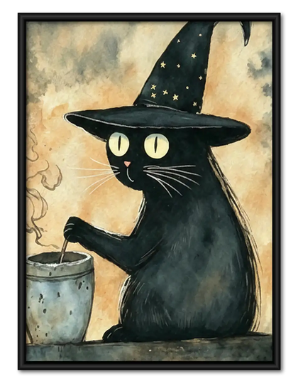 Black Cat in Starry Witch Hat with Mug Wall Art