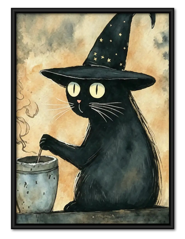 Black Cat in Starry Witch Hat with Mug Wall Art