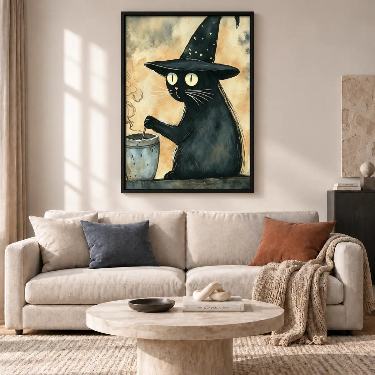 Black Cat in Starry Witch Hat with Mug Wall Art 2