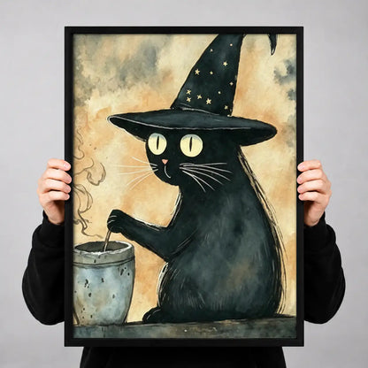 Black Cat in Starry Witch Hat with Mug Wall Art 3