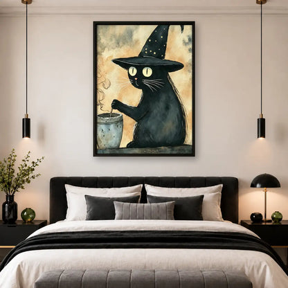 Black Cat in Starry Witch Hat with Mug Wall Art 4
