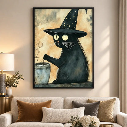Black Cat in Starry Witch Hat with Mug Wall Art 5