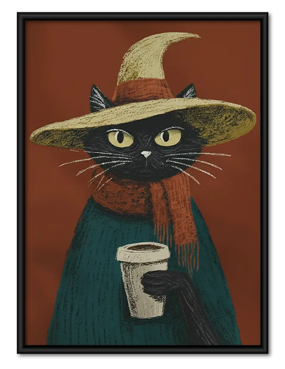 Black Cat in Witch Hat Holding Coffee Wall Art 1