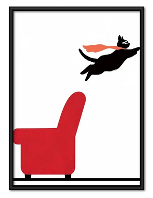 Black Cat Leaping from Red Chair Wall Art