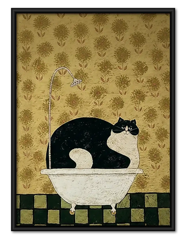 Black Cat Lounging in White Bathtub Wall Art