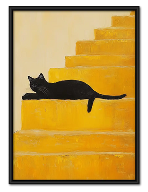 Black Cat Lounging on Golden Stairs Wall Art