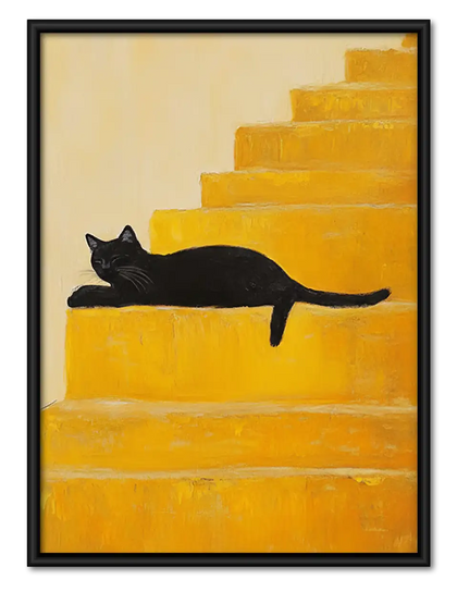 Black Cat Lounging on Golden Stairs Wall Art