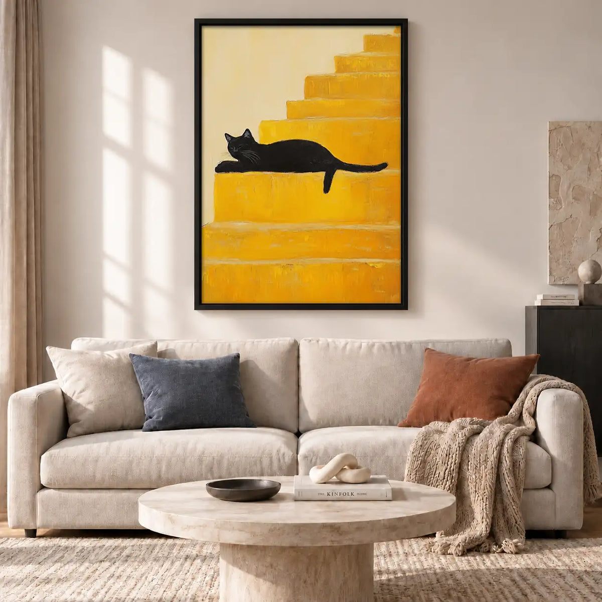 Black Cat Lounging on Golden Stairs Wall Art 2