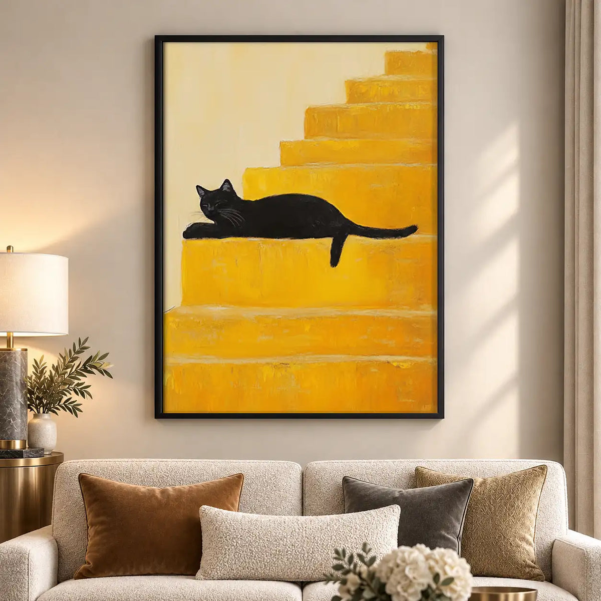 Black Cat Lounging on Golden Stairs Wall Art 5