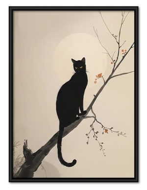 Black Cat on Blossom Branch Wall Art