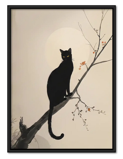 Black Cat on Blossom Branch Wall Art