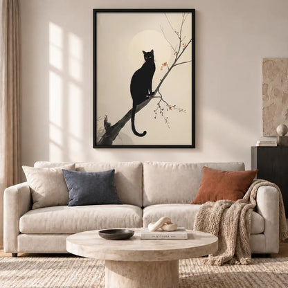 Black Cat on Blossom Branch Wall Art 2