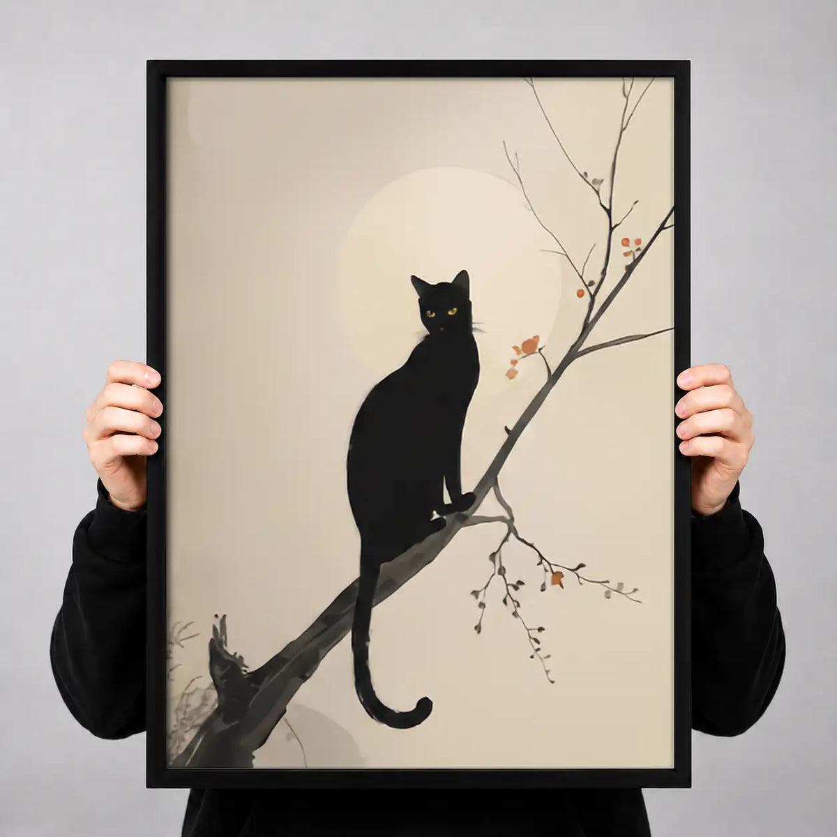 Black Cat on Blossom Branch Wall Art 3
