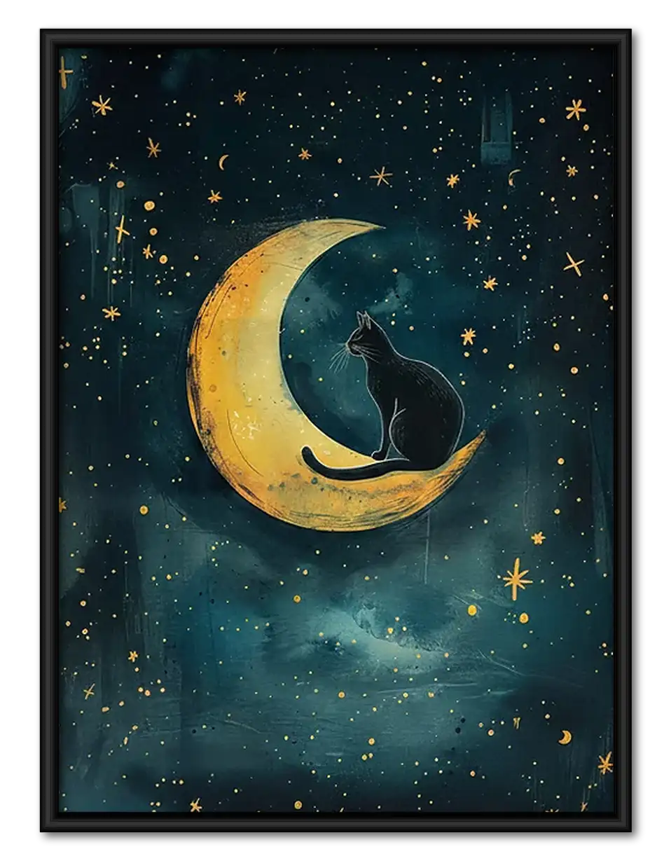 Black Cat on Golden Crescent Moon Wall Art 1
