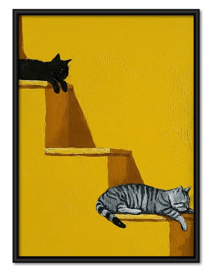Black Cat on Golden Staircase Wall Art 1