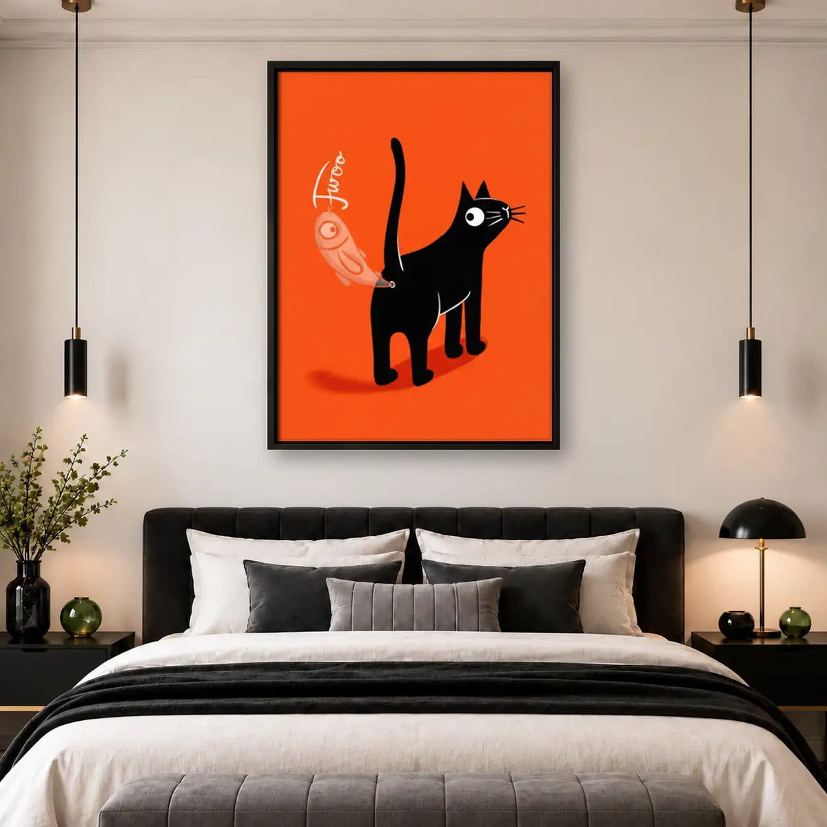 Black Cat on Orange Graphic Wall Art 4