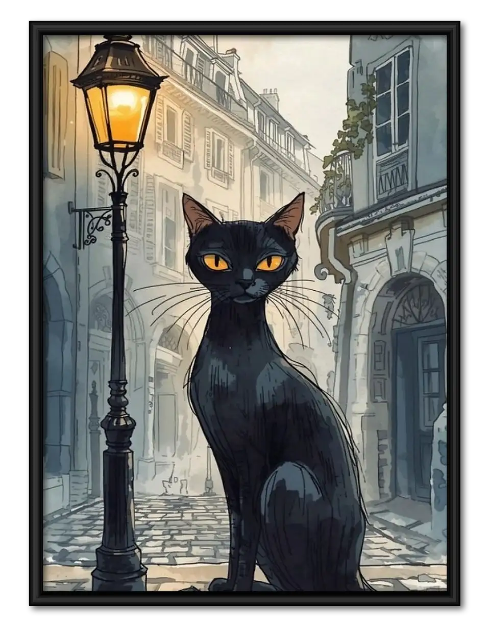 Black Cat on Paris Street Wall Art 1