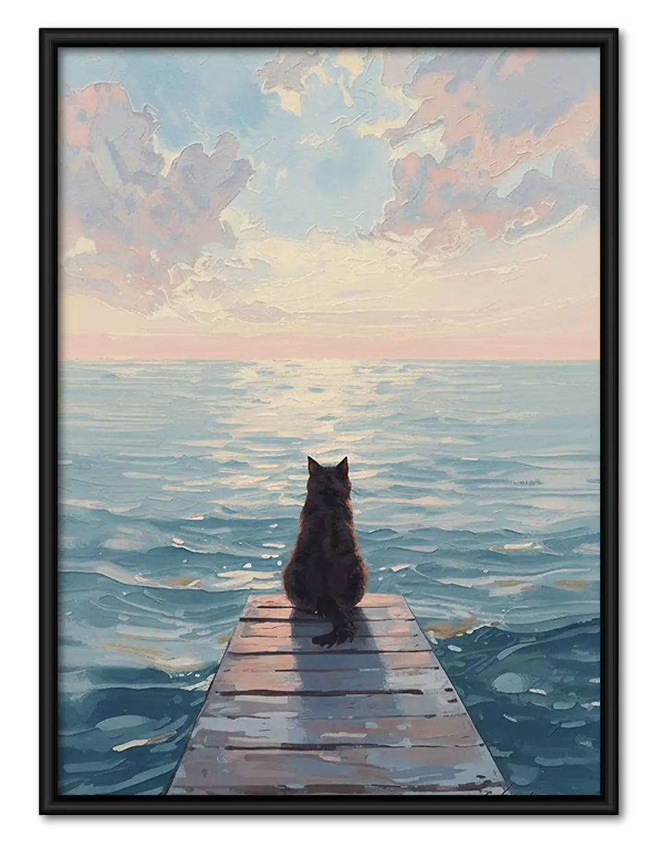 Black Cat on Quiet Ocean Pier Wall Art 1