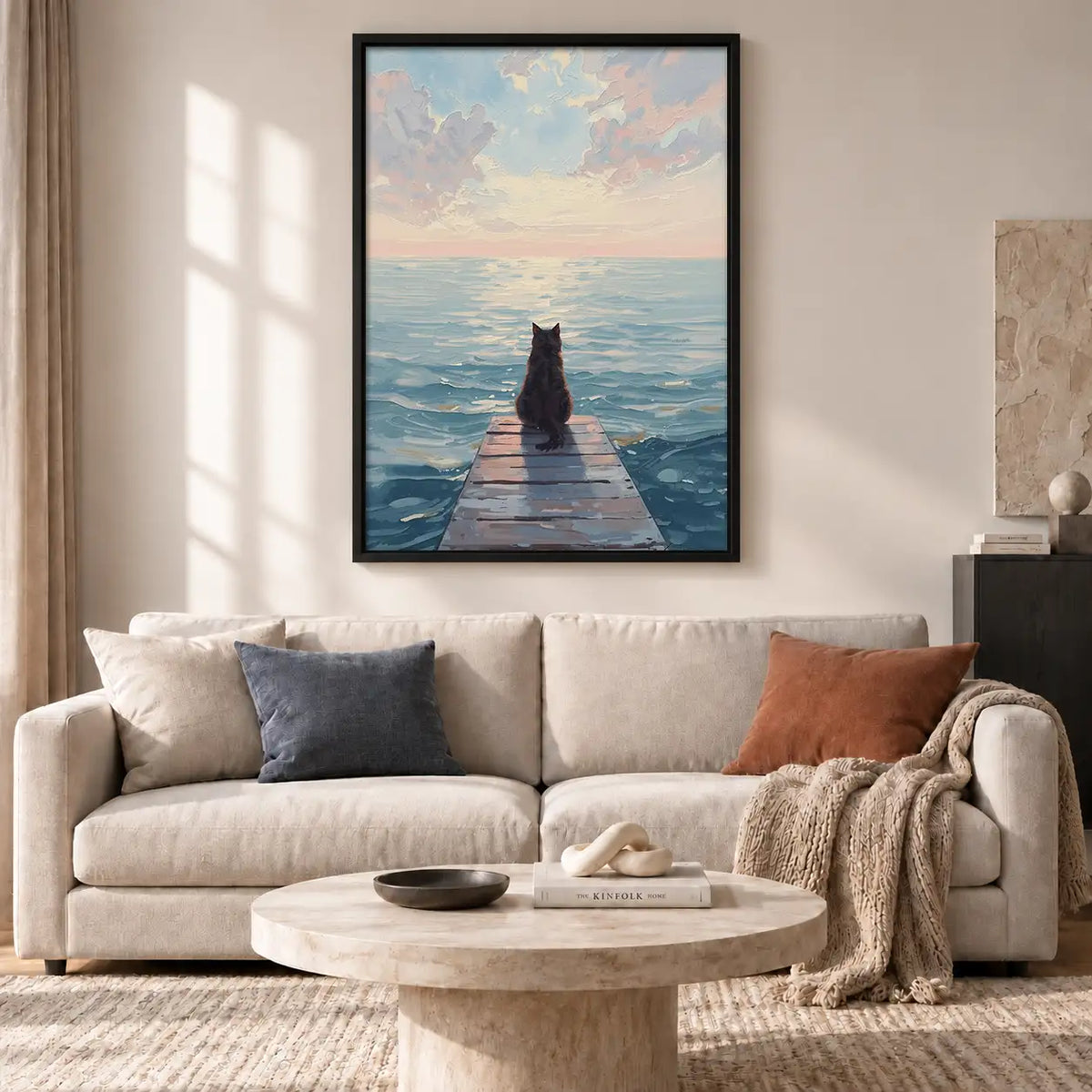 Black Cat on Quiet Ocean Pier Wall Art 2