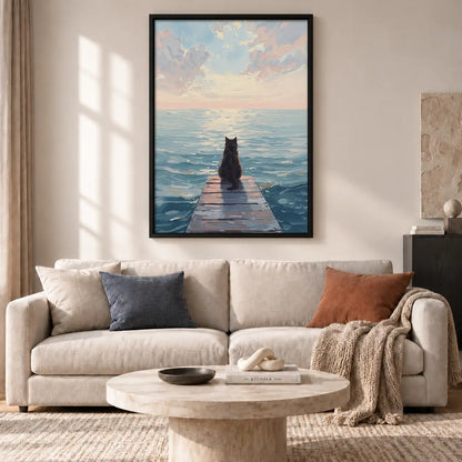 Black Cat on Quiet Ocean Pier Wall Art 2