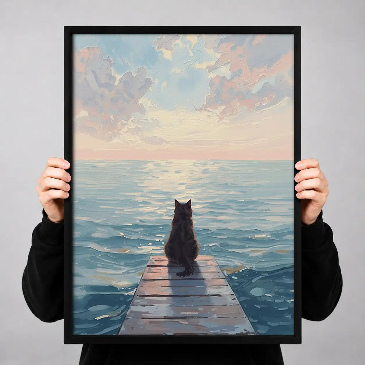 Black Cat on Quiet Ocean Pier Wall Art 3
